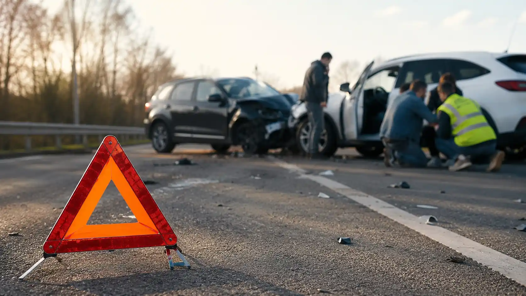 Triángulo de emergencia en carretera con dos autos chocados al fondo y personas atendiendo el accidente de tráfico