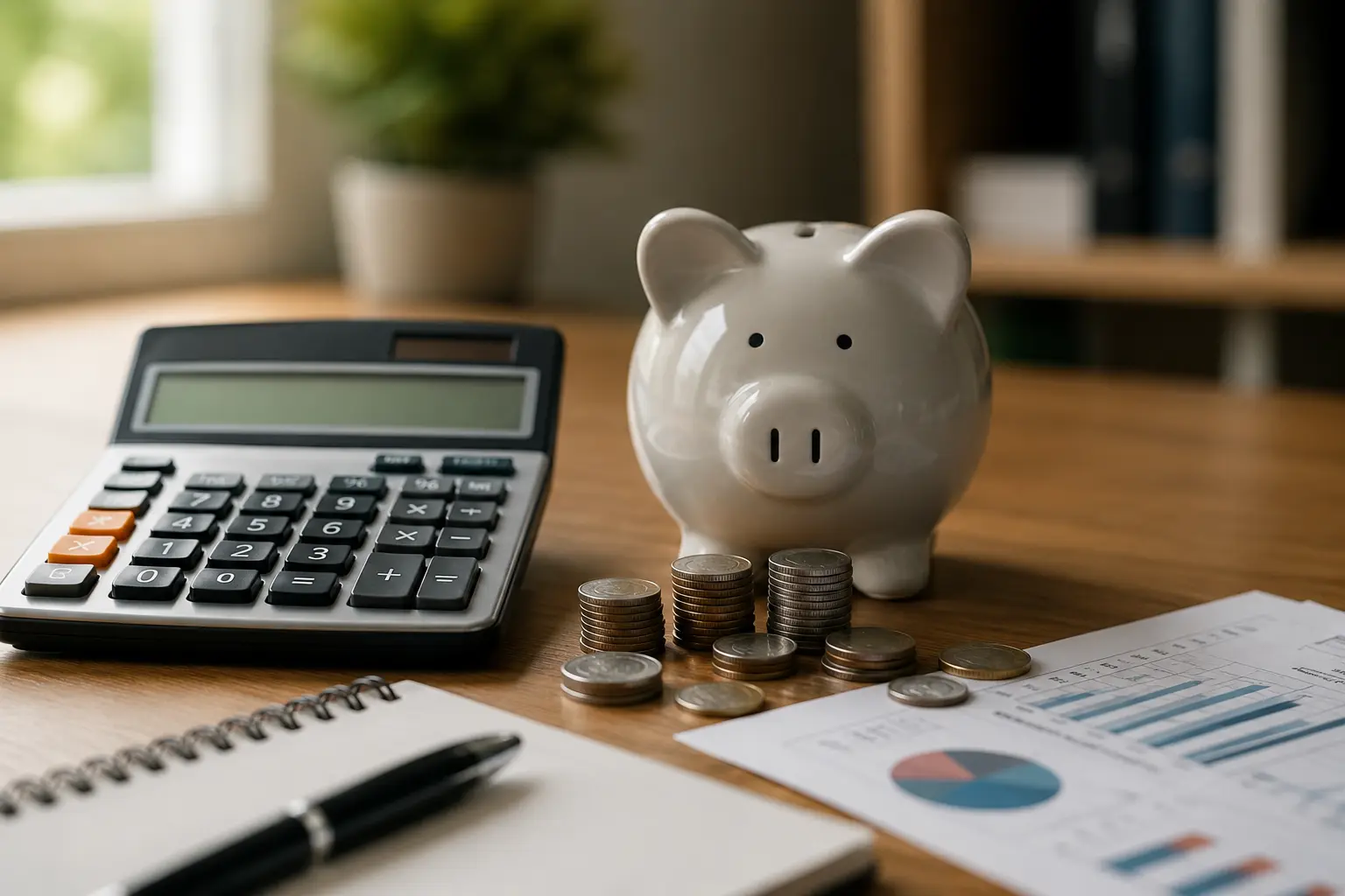 Alcancía blanca rodeada de monedas apiladas junto a calculadora libreta y gráficas de finanzas personales