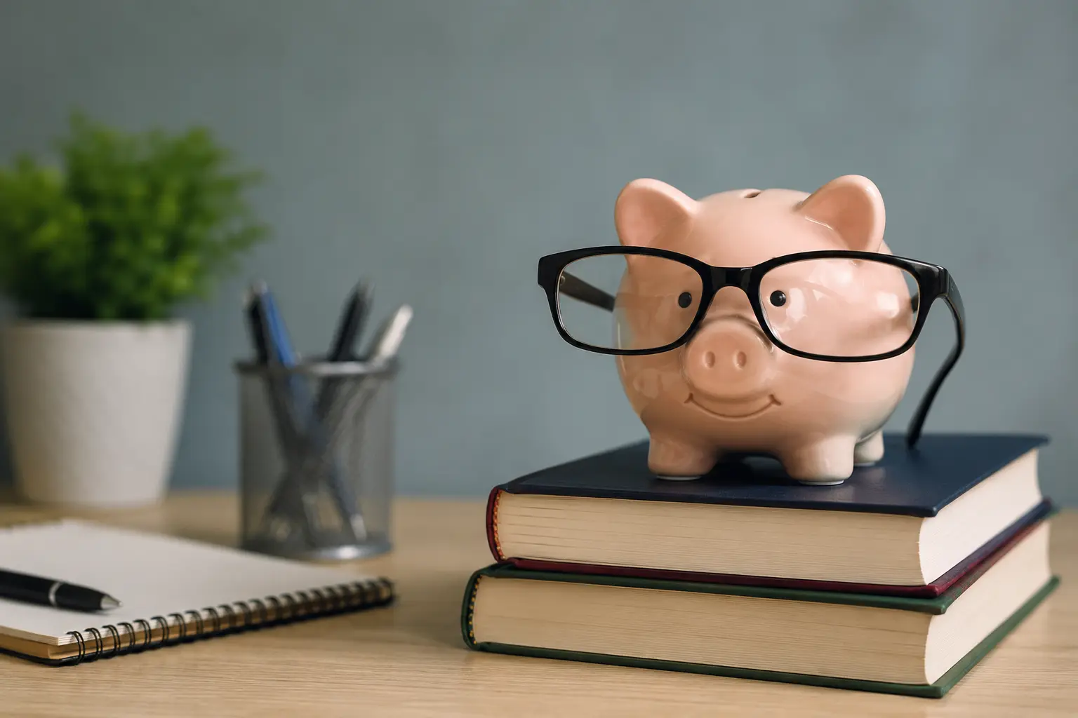 Alcancía de cerdito rosa con gafas sobre pila de libros en escritorio representando ahorro y educación financiera