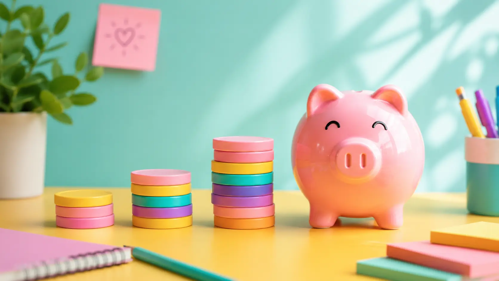Alcancía rosa con pilas de monedas coloridas en orden creciente sobre escritorio amarillo representando ahorro progresivo