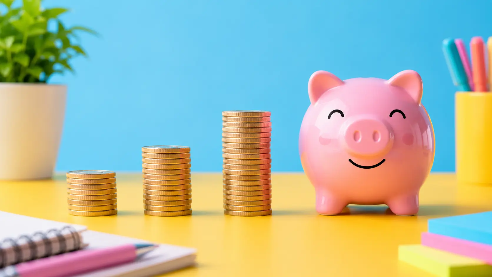 Alcancía rosa sonriente junto a tres pilas de monedas doradas en orden creciente sobre escritorio amarillo