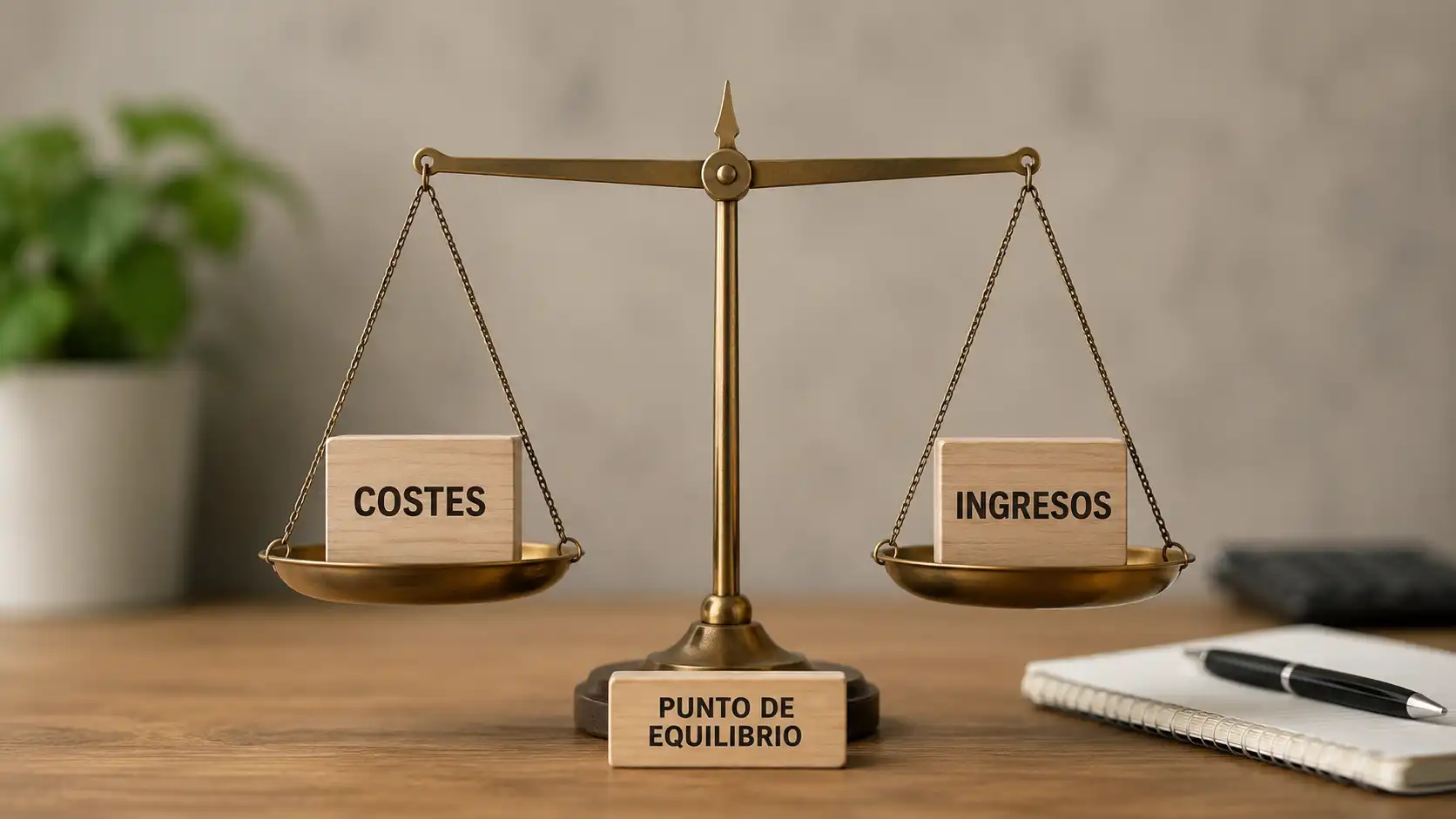 Balanza en equilibrio representando el punto de equilibrio entre costes e ingresos en un negocio