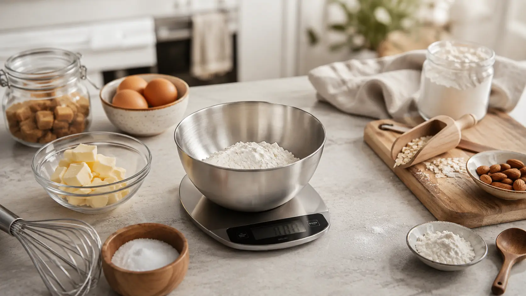 Báscula digital de cocina con harina rodeada de ingredientes como huevos mantequilla y almendras sobre encimera de mármol