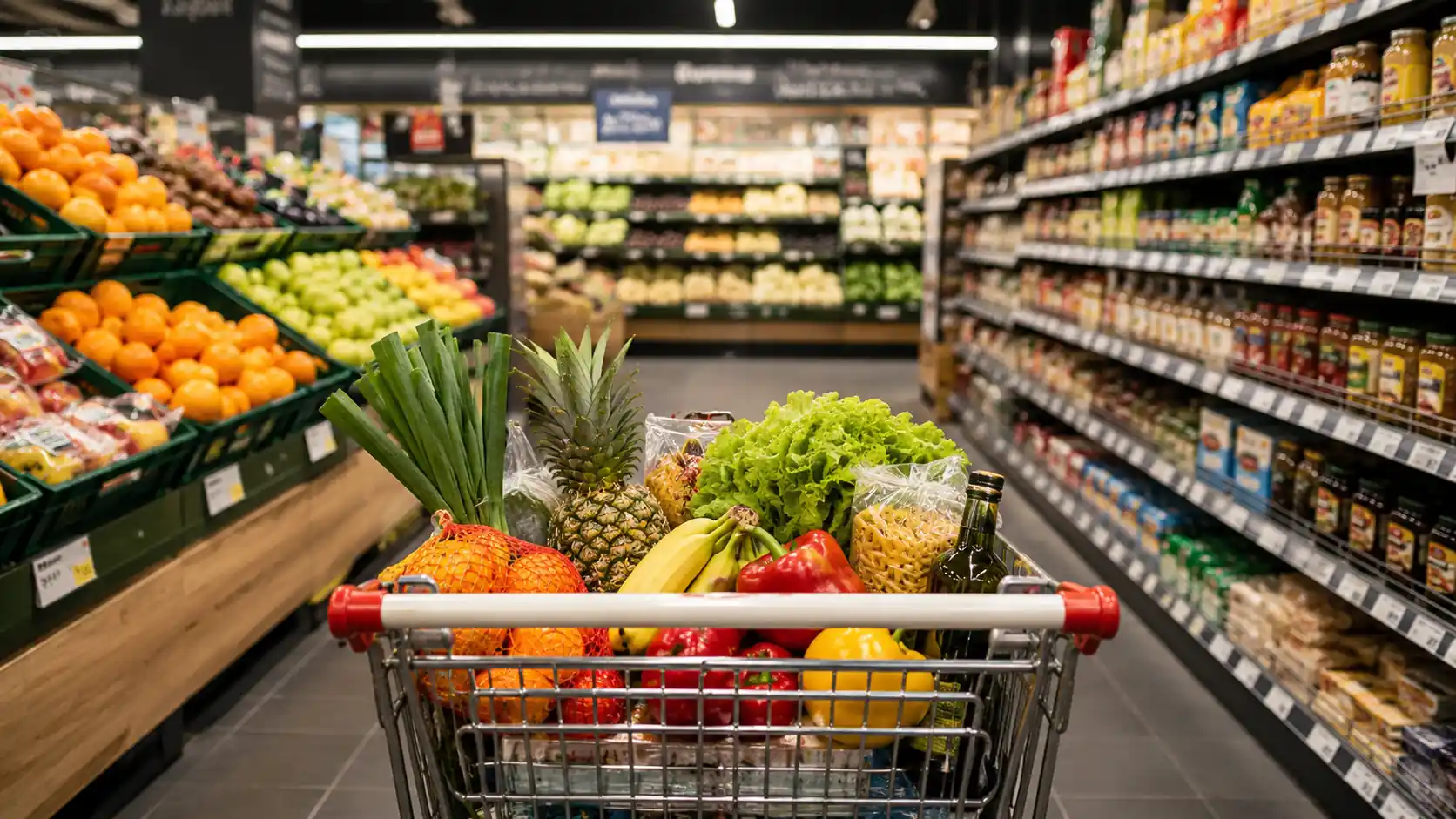 Carrito de supermercado lleno de frutas y verduras frescas como piña plátanos y pimientos en pasillo de tienda