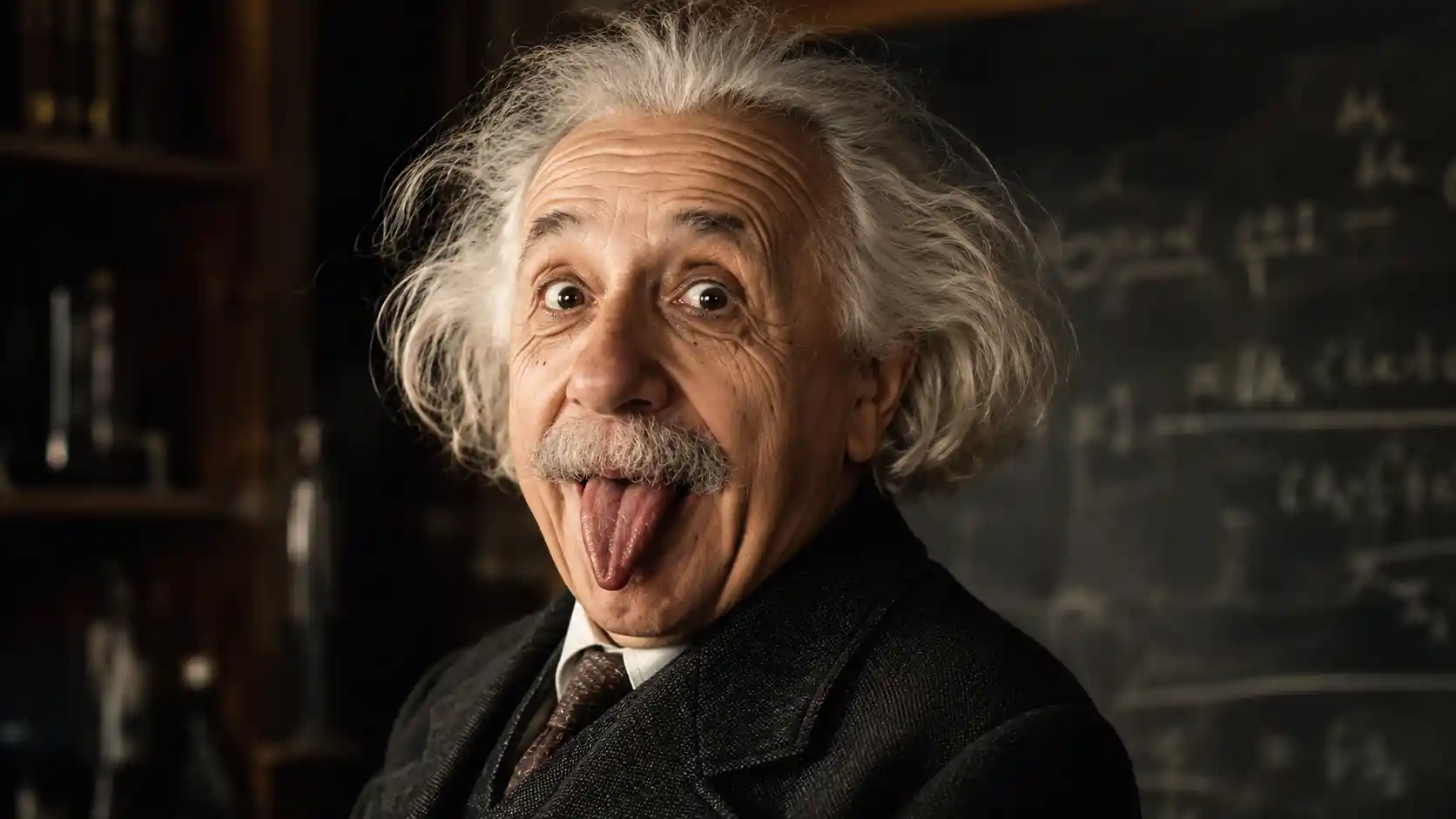 Científico anciano de cabello blanco sacando la lengua con expresión divertida frente a pizarrón con fórmulas