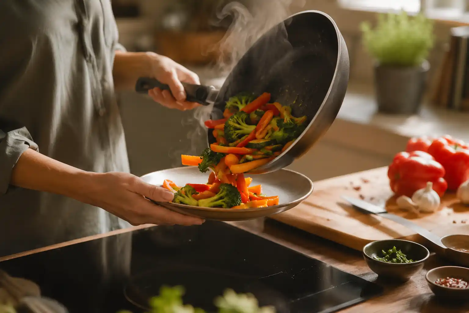 Persona sirviendo verduras salteadas con brócoli zanahoria y pimiento desde sartén con vapor en cocina