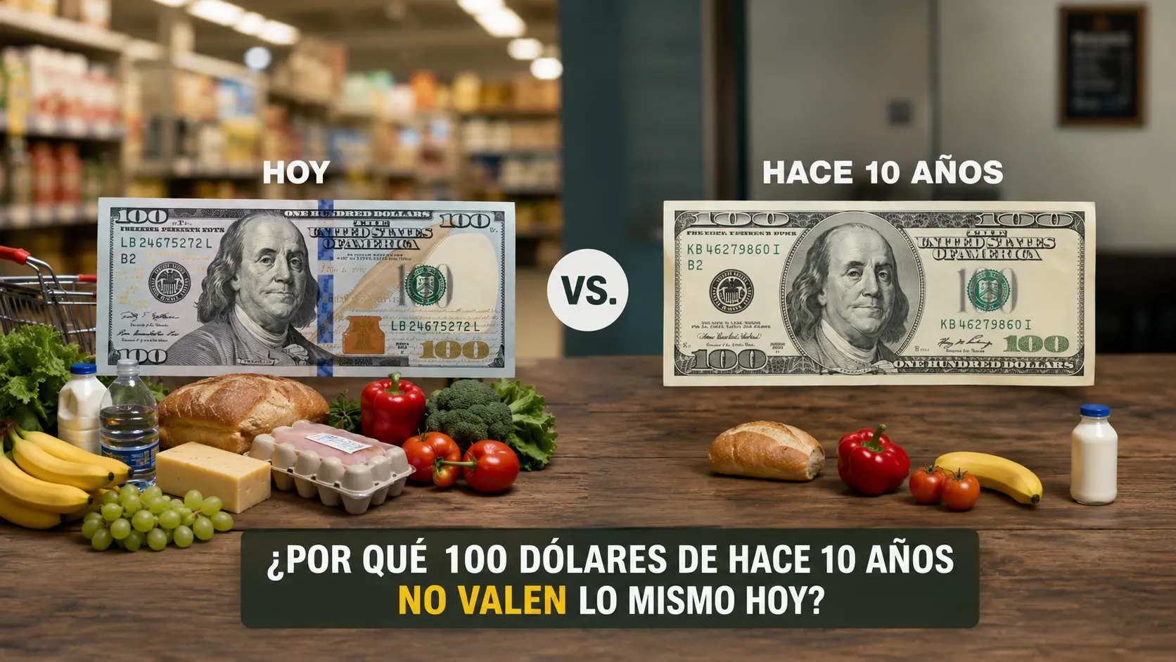 Comparación visual del poder adquisitivo de 100 dólares hoy versus hace 10 años con alimentos en supermercado