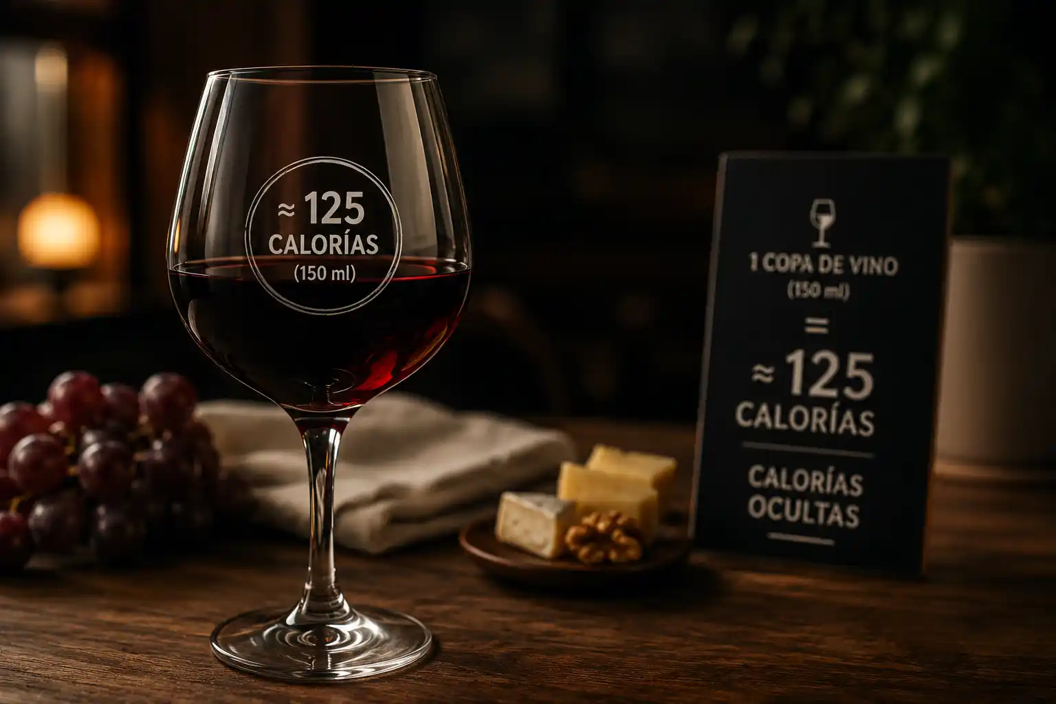 Copa de vino tinto sobre mesa de madera representando las calorías ocultas del alcohol