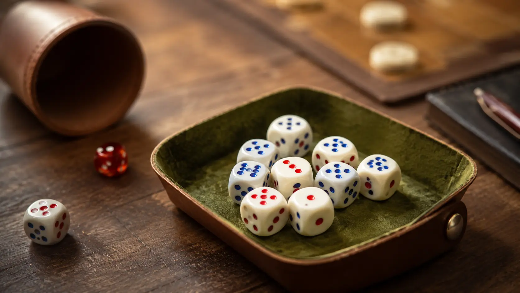 Dados blancos con puntos rojos y azules en bandeja de cuero verde sobre mesa de madera con cubilete al fondo