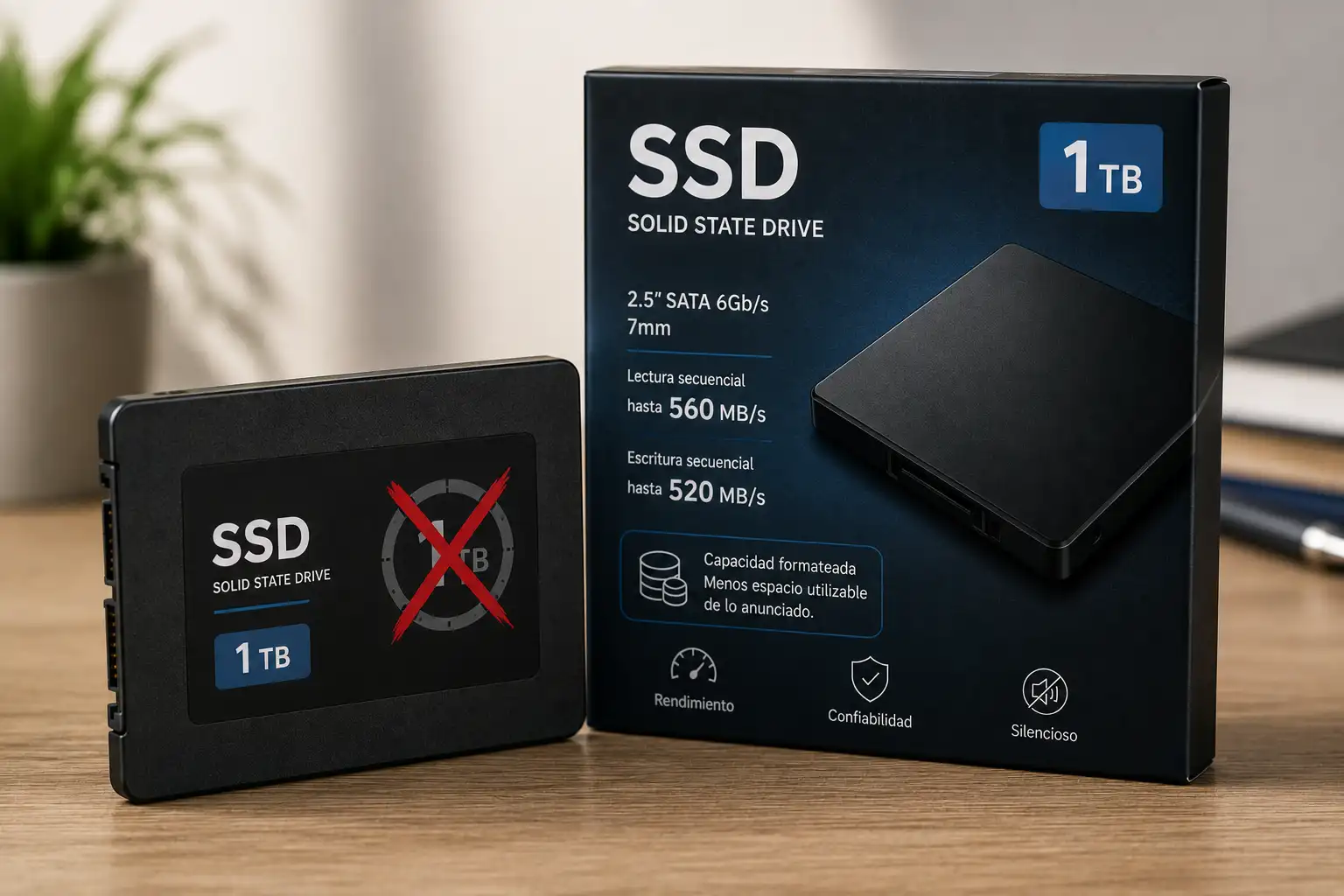 Disco duro SSD con etiqueta de capacidad 1 TB junto a caja de producto mostrando especificaciones de almacenamiento
