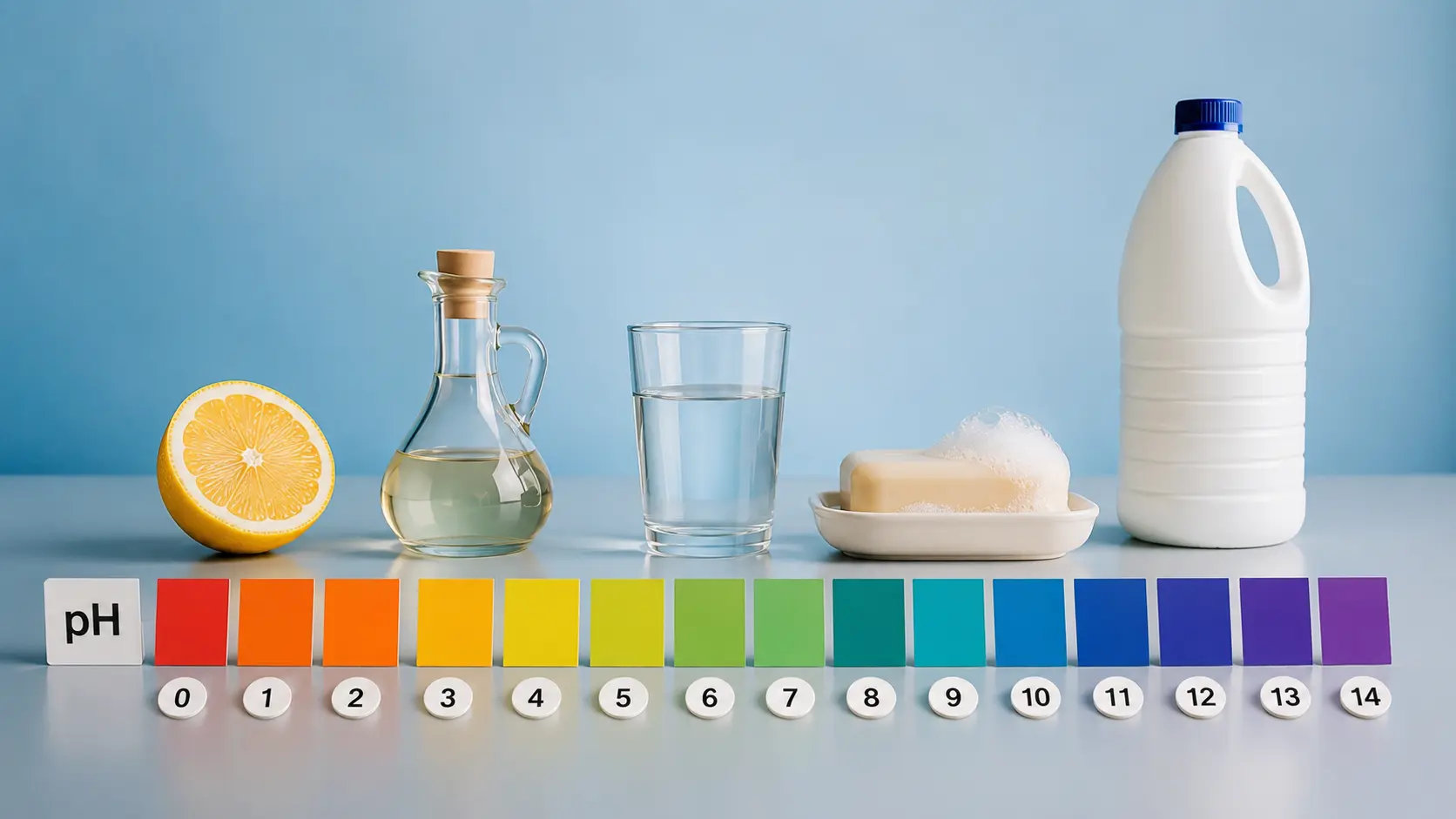 Escala de pH con sustancias cotidianas como limón, vinagre, agua, jabón y lejía ordenadas de ácido a básico
