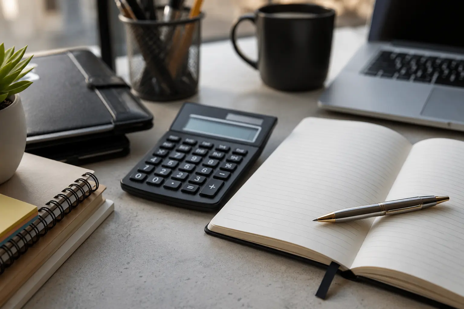 Escritorio de estudio con calculadora negra libreta abierta bolígrafo taza de café y laptop