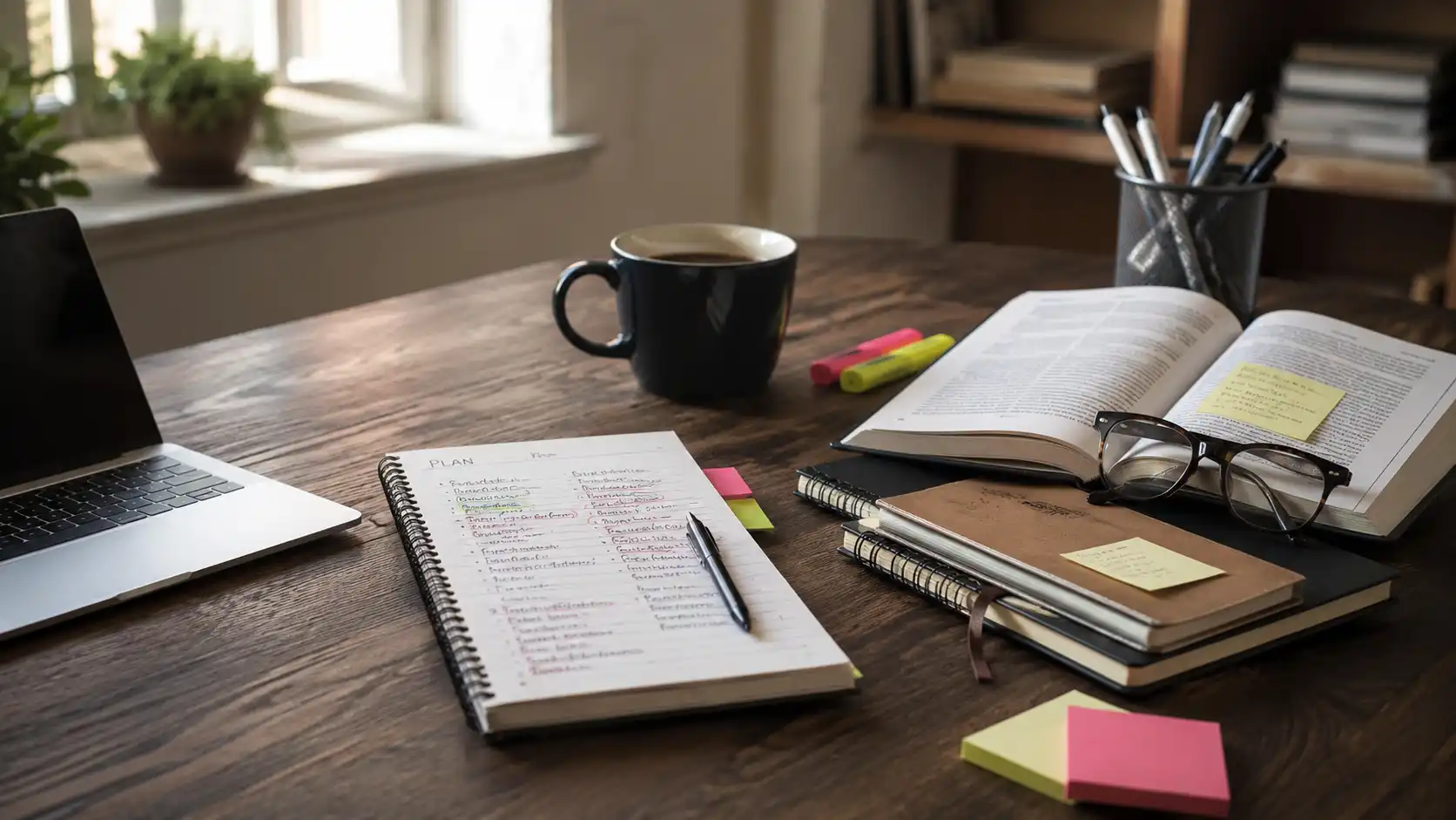 Escritorio de estudio con libreta de plan apuntes coloridos post-it libro abierto gafas y taza de café