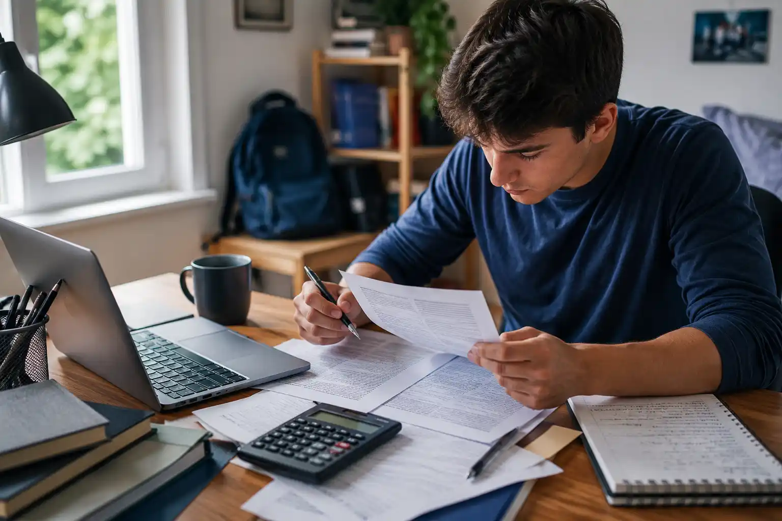 Estudiante universitario revisando documentos de contrato de préstamo estudiantil sobre escritorio con calculadora y bolígrafo