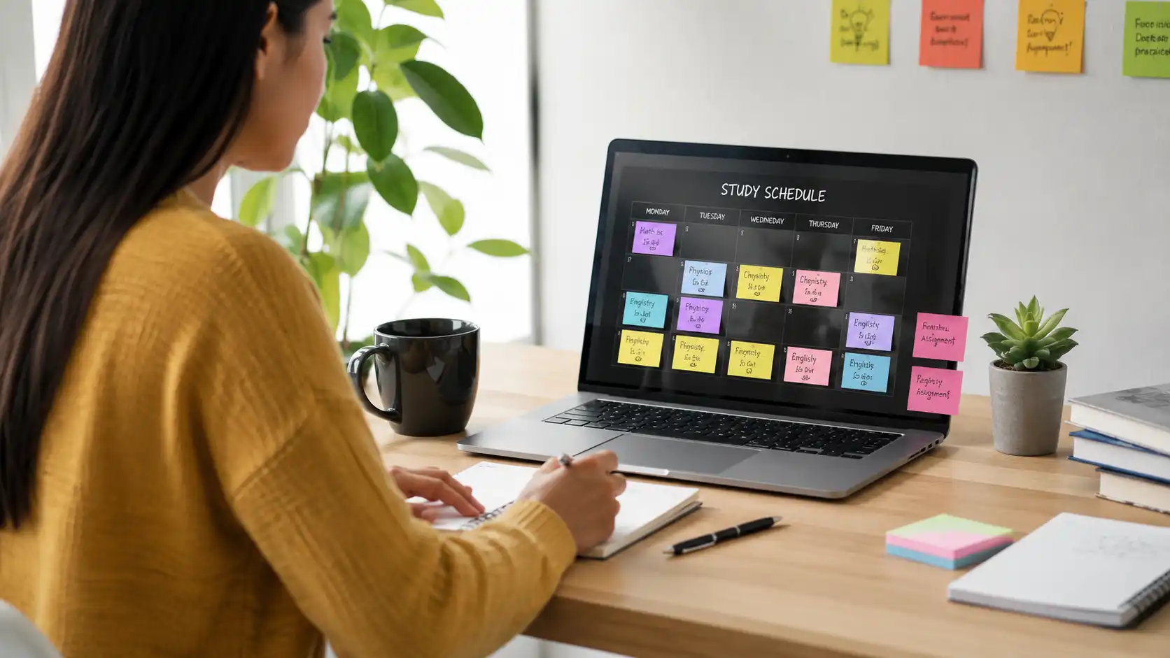Estudiante frente a laptop con horario de estudio semanal colorido en pantalla y post-it en la pared