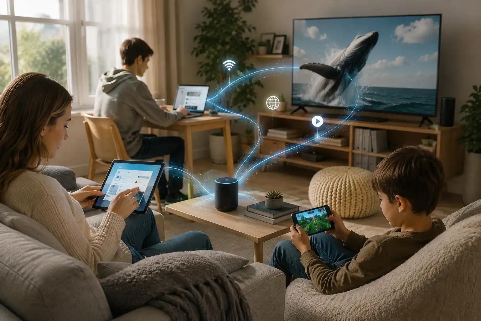 Familia usando múltiples dispositivos conectados por wifi en sala con tablet móvil laptop TV y altavoz inteligente