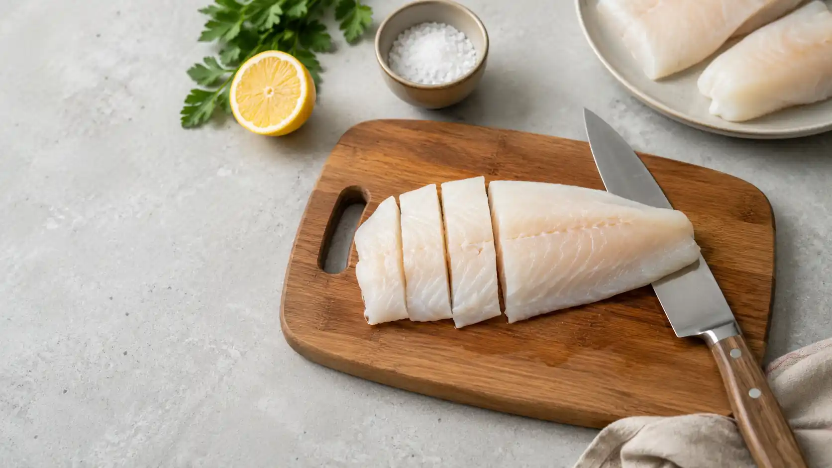 Filete de pescado blanco cortado en raciones sobre tabla de madera con cuchillo limón y sal gruesa