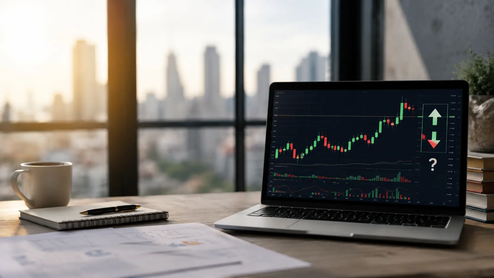 Gráfico de velas de criptomonedas en pantalla de portátil para calcular ganancia o pérdida real de una inversión