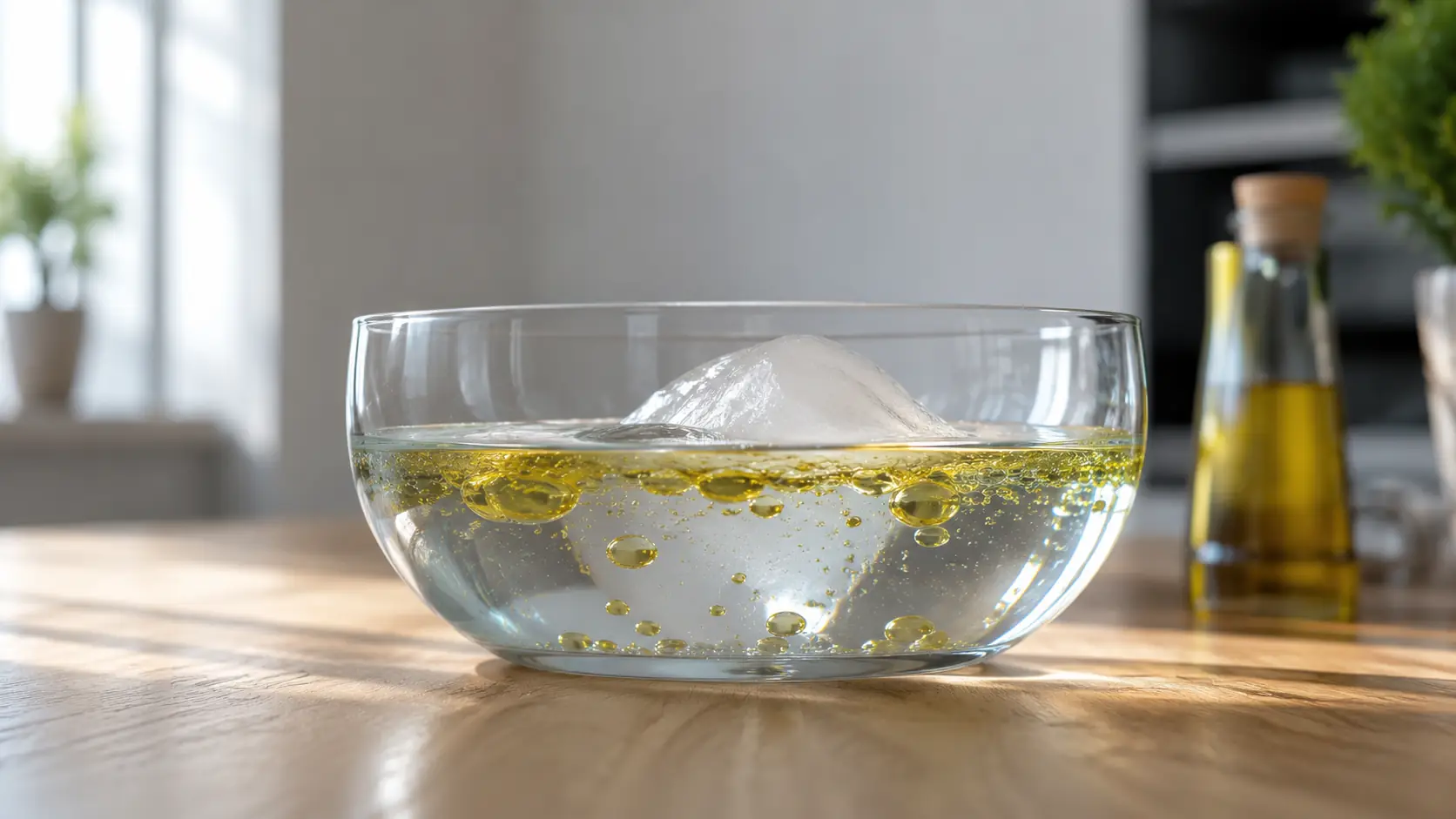 Cubo de hielo flotando en bowl de cristal con agua y aceite separados sobre mesa de madera