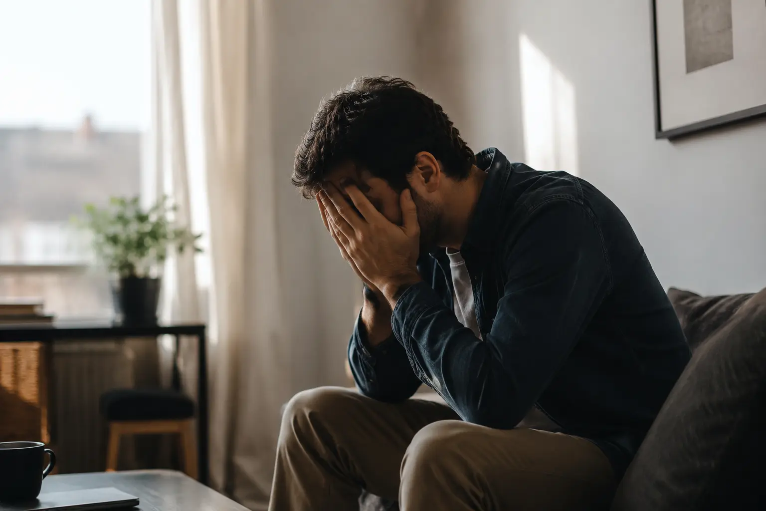 Hombre angustiada tapándose la cara sentada en el sofa intentando recordar en qué día de la semana cayó una fecha
