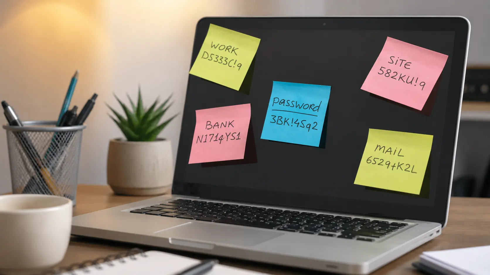 Laptop con post-it de colores pegados en pantalla mostrando contraseñas escritas como mala práctica de seguridad