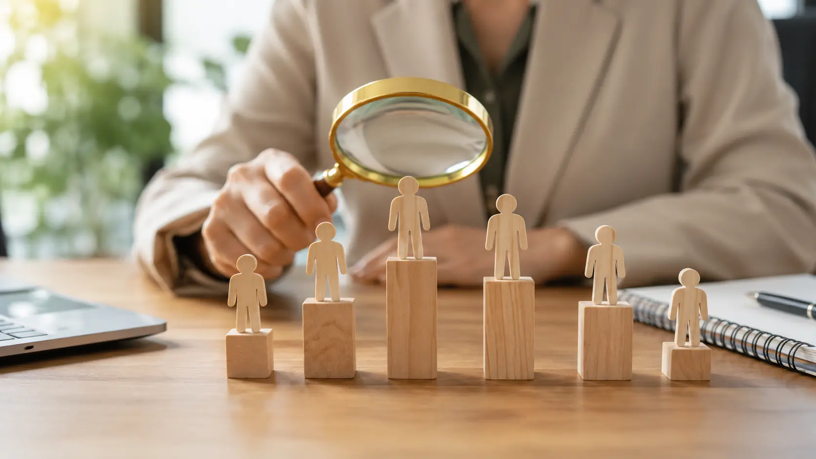 Persona con lupa examinando figuras de madera sobre bloques de diferentes alturas como concepto de selección de talento