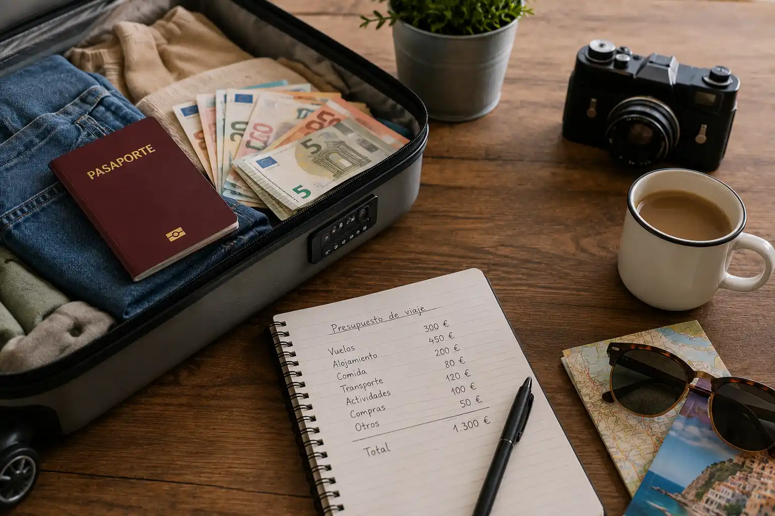Maleta abierta con pasaporte, billetes de euro y lista de presupuesto de viaje sobre escritorio de madera