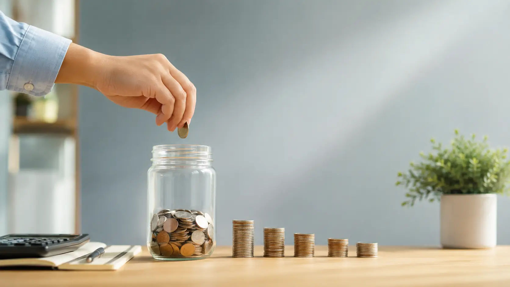 Mano introduciendo monedas en un frasco representando cómo al principio de un préstamo personal pagas más interés que capital