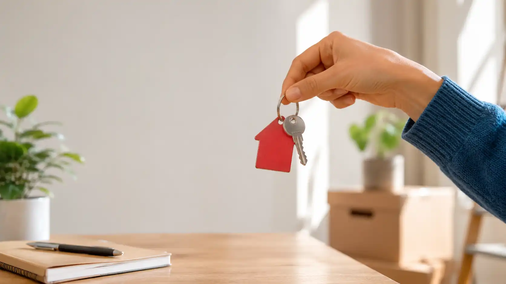 Mano sosteniendo llave con llavero de casa roja con cajas de mudanza al fondo concepto de compra de vivienda