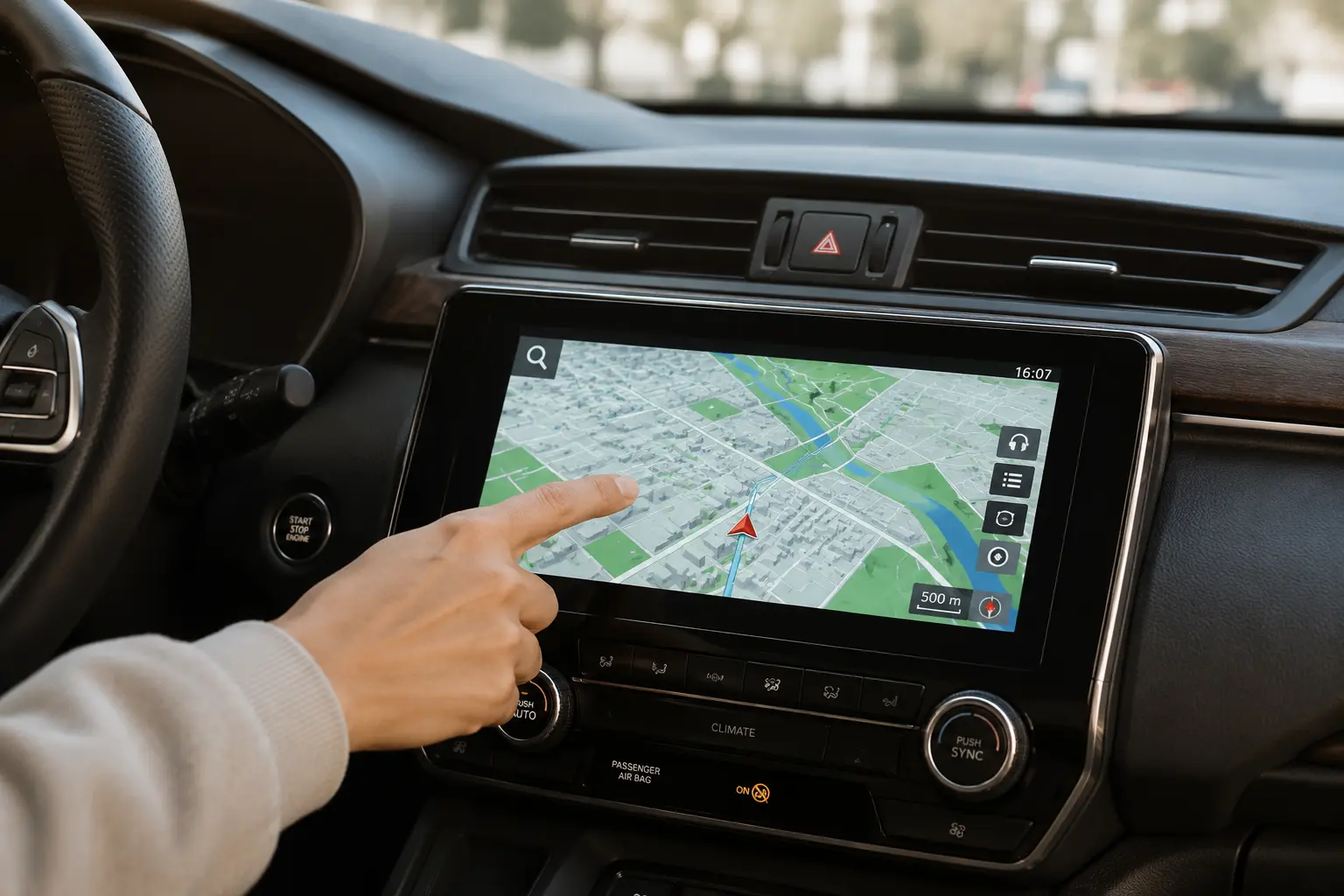 Mano tocando pantalla táctil de navegador GPS con mapa 3D en el interior de un automóvil moderno