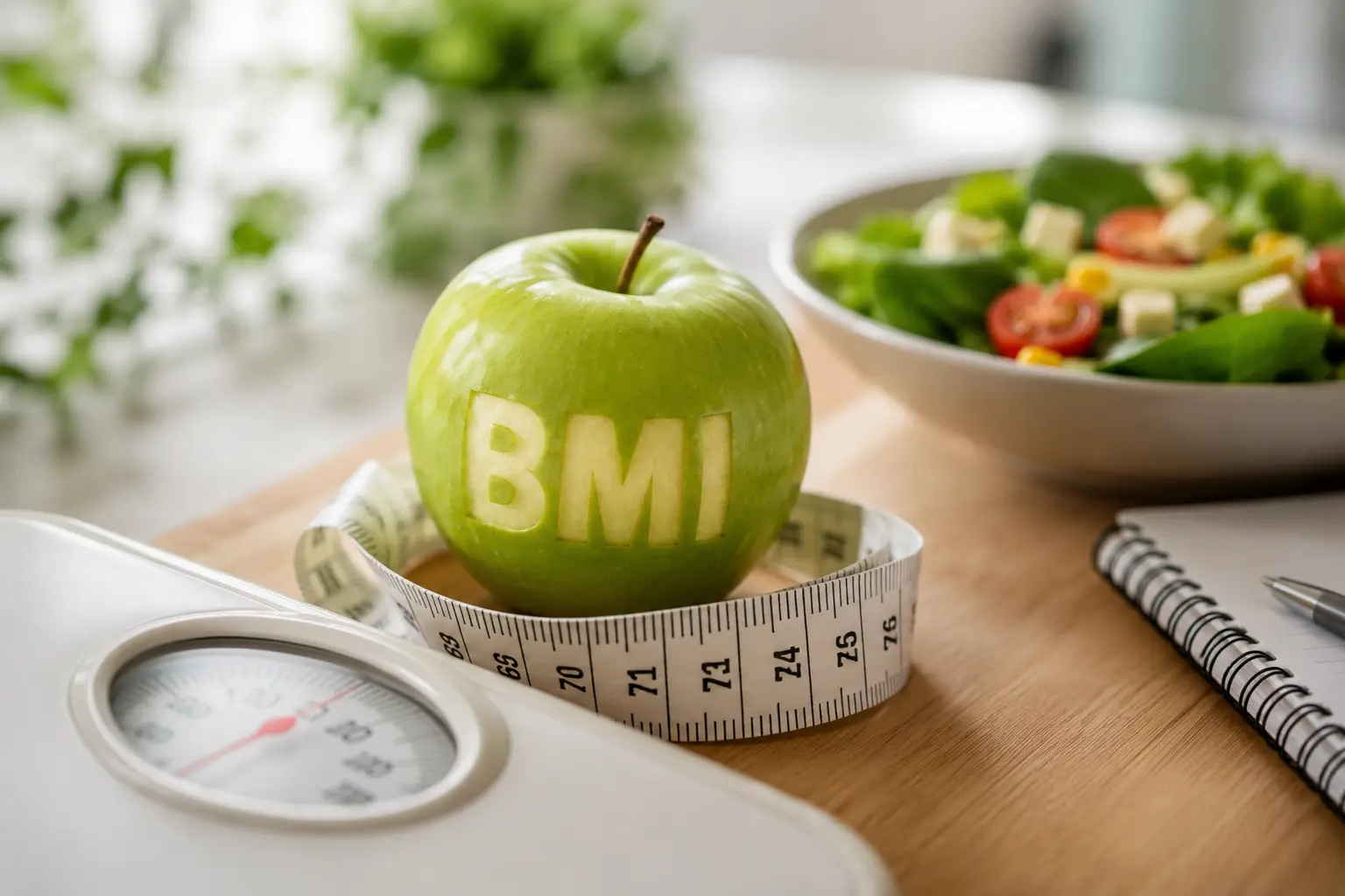 Manzana verde con la palabra BMI rodeada de cinta métrica junto a báscula y ensalada fresca sobre mesa