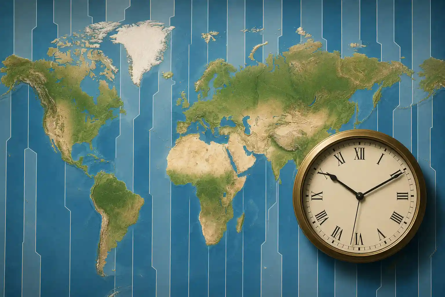 Mapa mundial con franjas de zonas horarias y meridianos superpuestos junto a un reloj analógico clásico