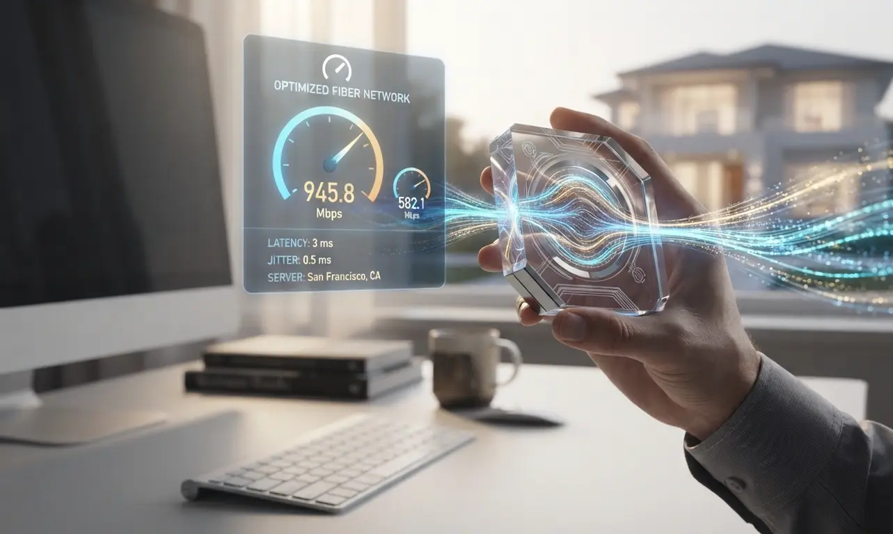 Medidor de velocidad de internet mostrando 945 Mbps con fibra óptica para ilustrar cuánta velocidad necesitas realmente en casa