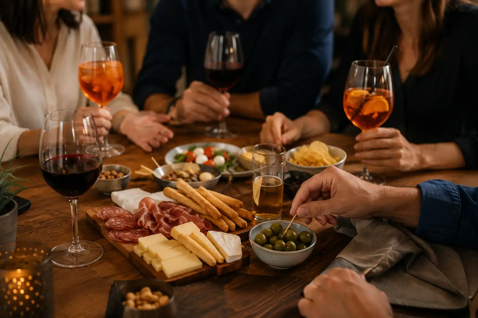 Mesa con aperitivos y bebidas alcohólicas en reunión social representando el efecto aperitivo del alcohol