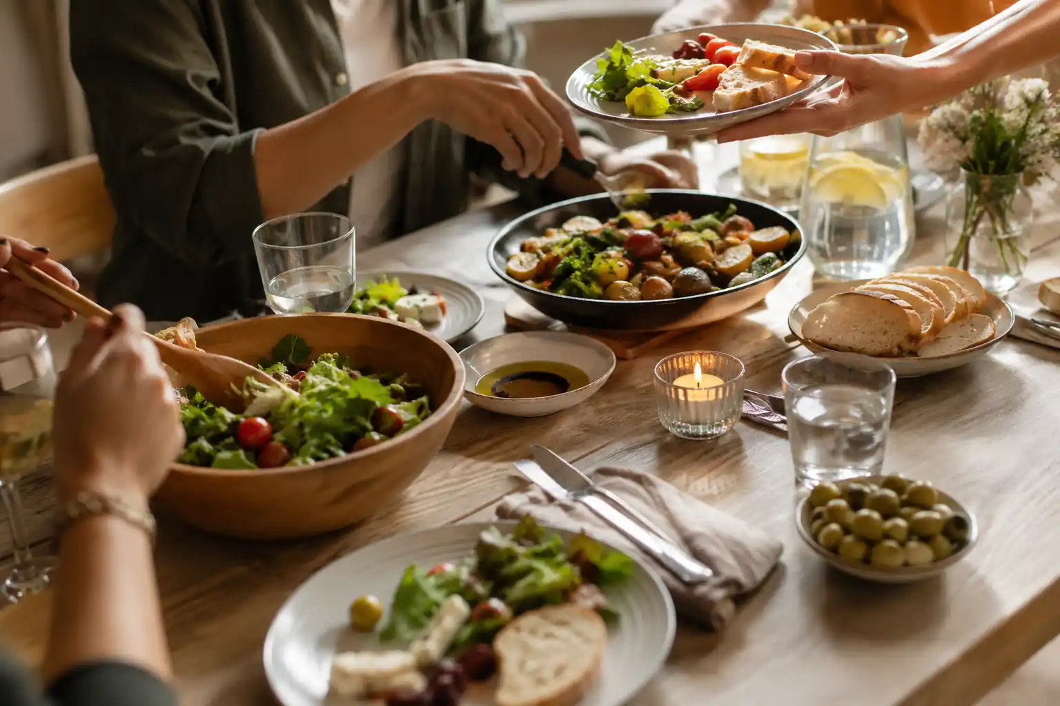 Mesa de comedor con platos compartidos de ensalada verduras pan y aceitunas entre varias personas en cena grupal