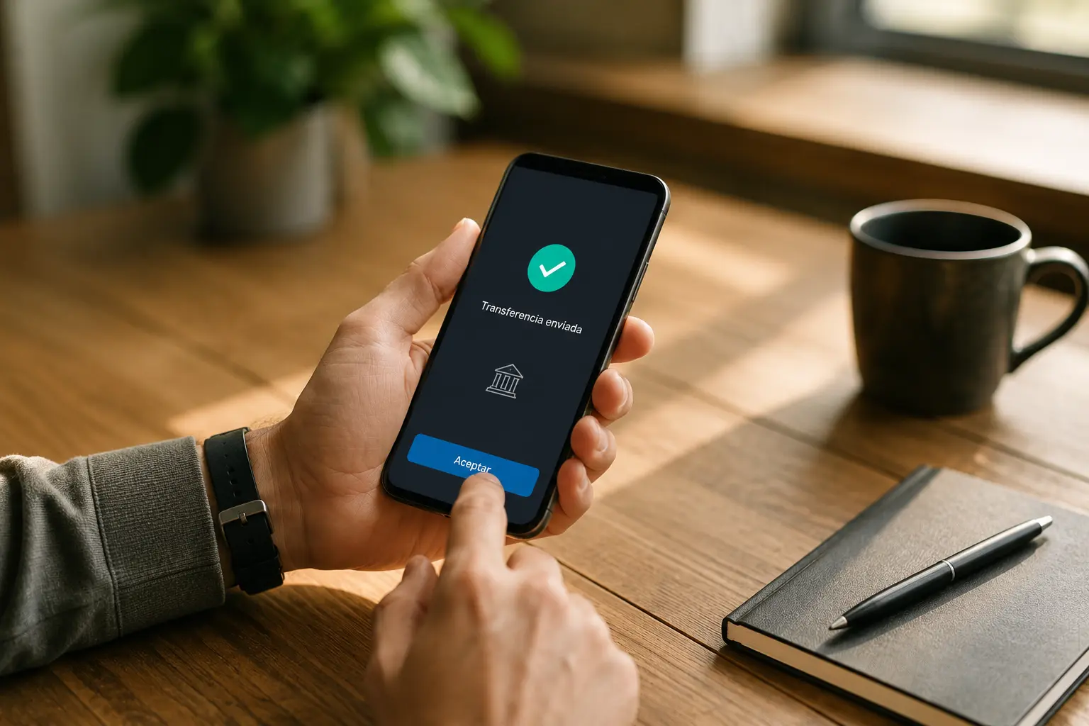 Persona confirmando transferencia enviada en app bancaria del móvil para enviar dinero al extranjero con distintas comisiones