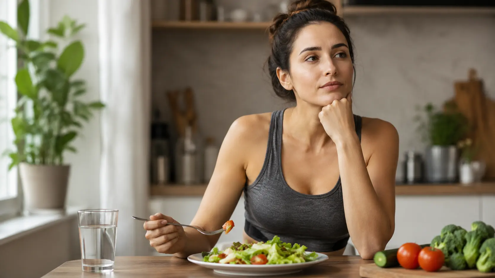 Mujer pensativa comiendo ensalada con tenedor junto a verduras frescas y vaso de agua en cocina luminosa