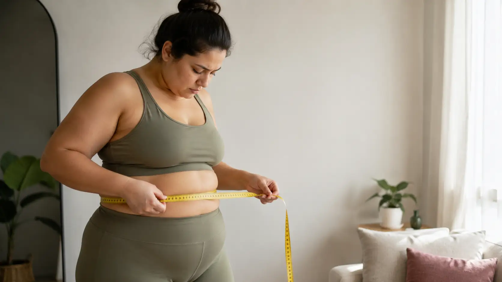 Mujer con ropa deportiva verde midiendo su cintura con cinta métrica en sala luminosa con plantas