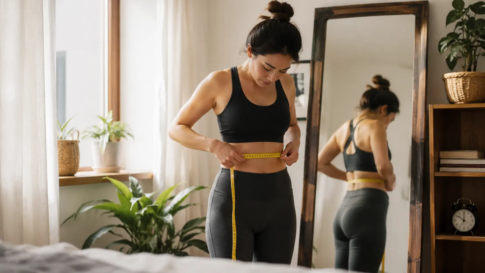 Mujer con ropa deportiva midiendo su cintura con cinta métrica frente a espejo en habitación luminosa con plantas