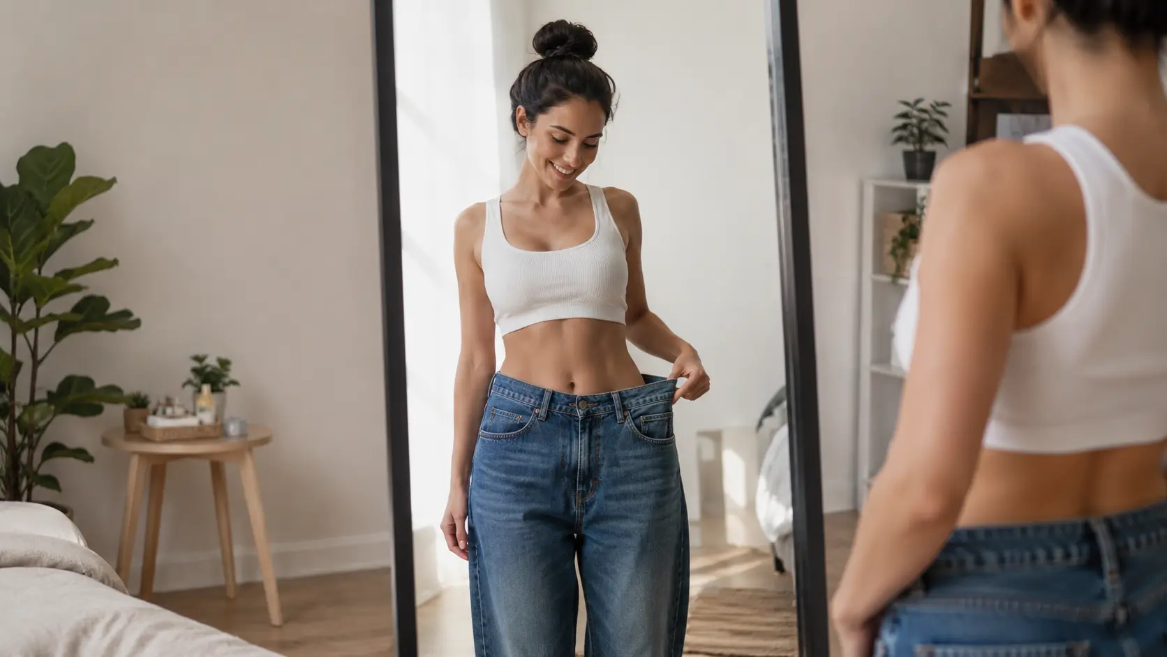 Mujer sonriente frente al espejo sosteniendo jeans holgados mostrando resultado de pérdida de peso en habitación luminosa