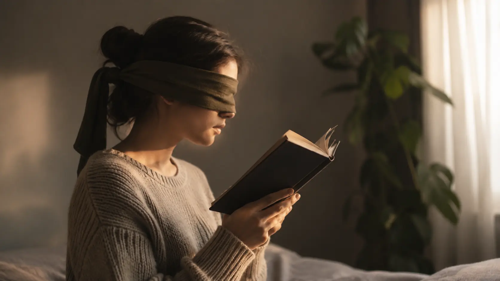 Mujer con los ojos vendados sosteniendo un libro abierto como concepto de sesgo o percepción limitada
