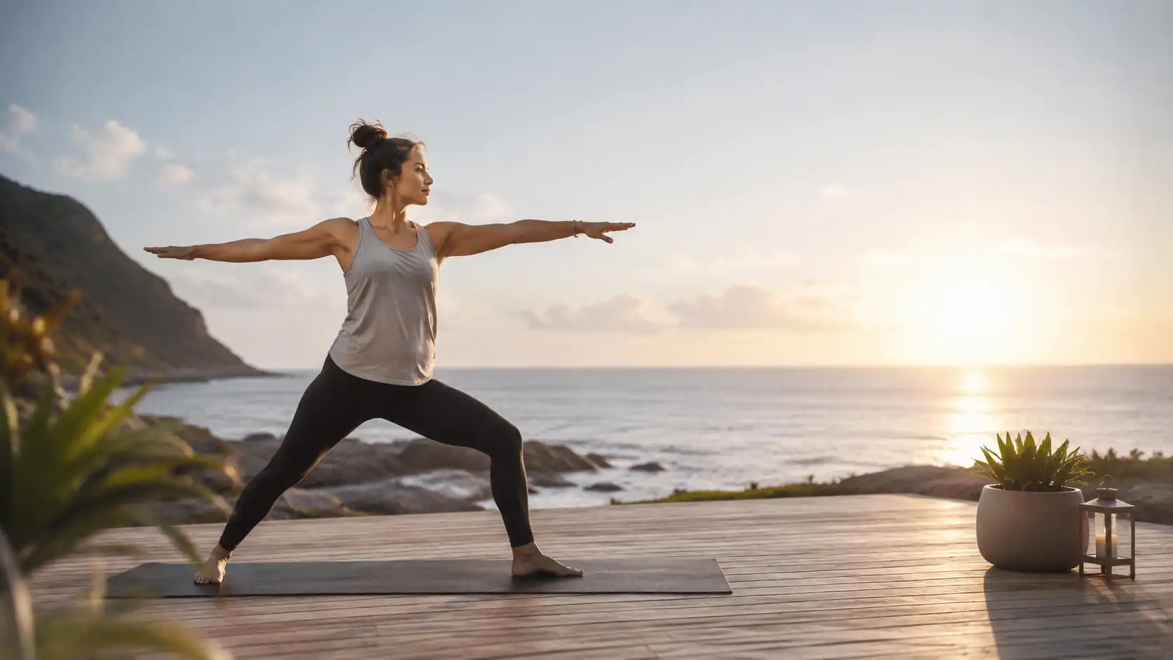 Mujer practicando yoga en pose guerrero sobre terraza de madera frente al mar durante el atardecer