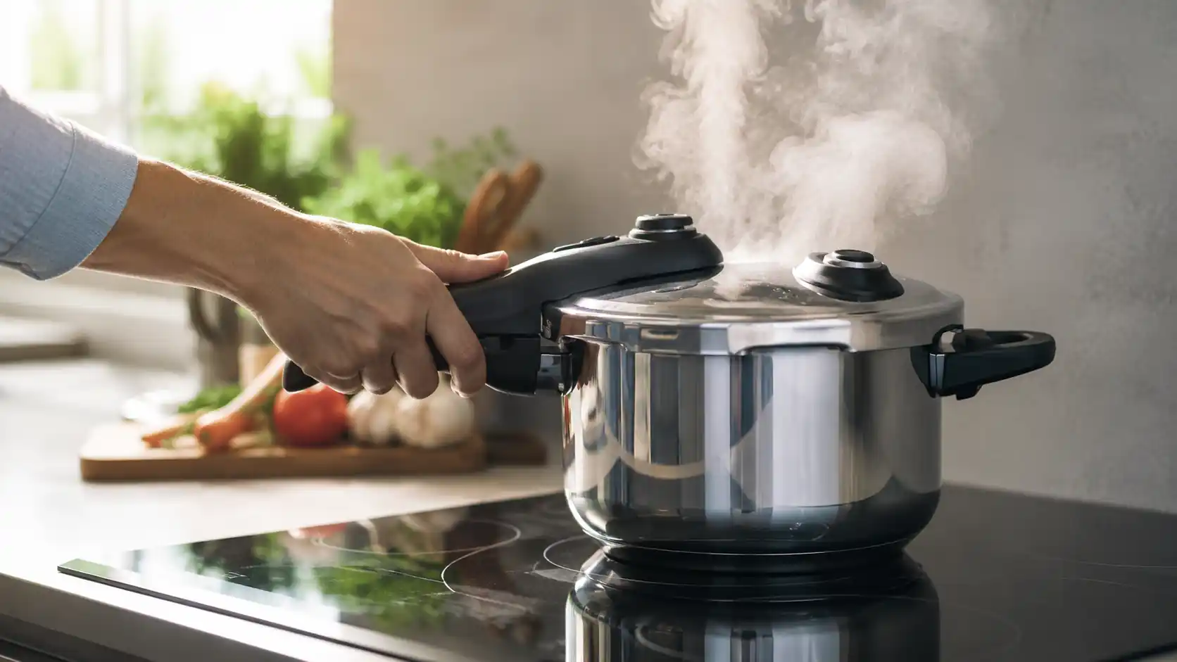 Mano ajustando tapa de olla a presión de acero inoxidable expulsando vapor sobre cocina de inducción con verduras al fondo