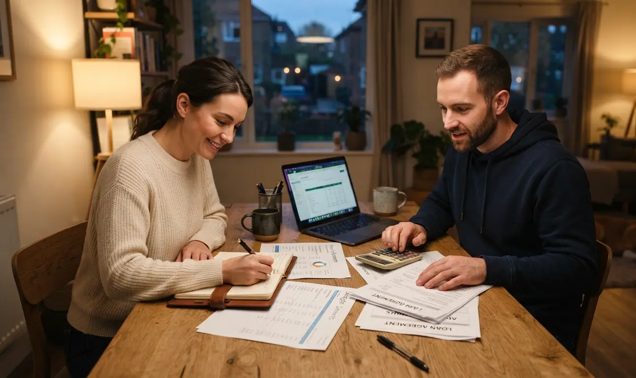 Pareja revisando documentos de préstamo personal con calculadora y portátil para calcular la cuota mensual