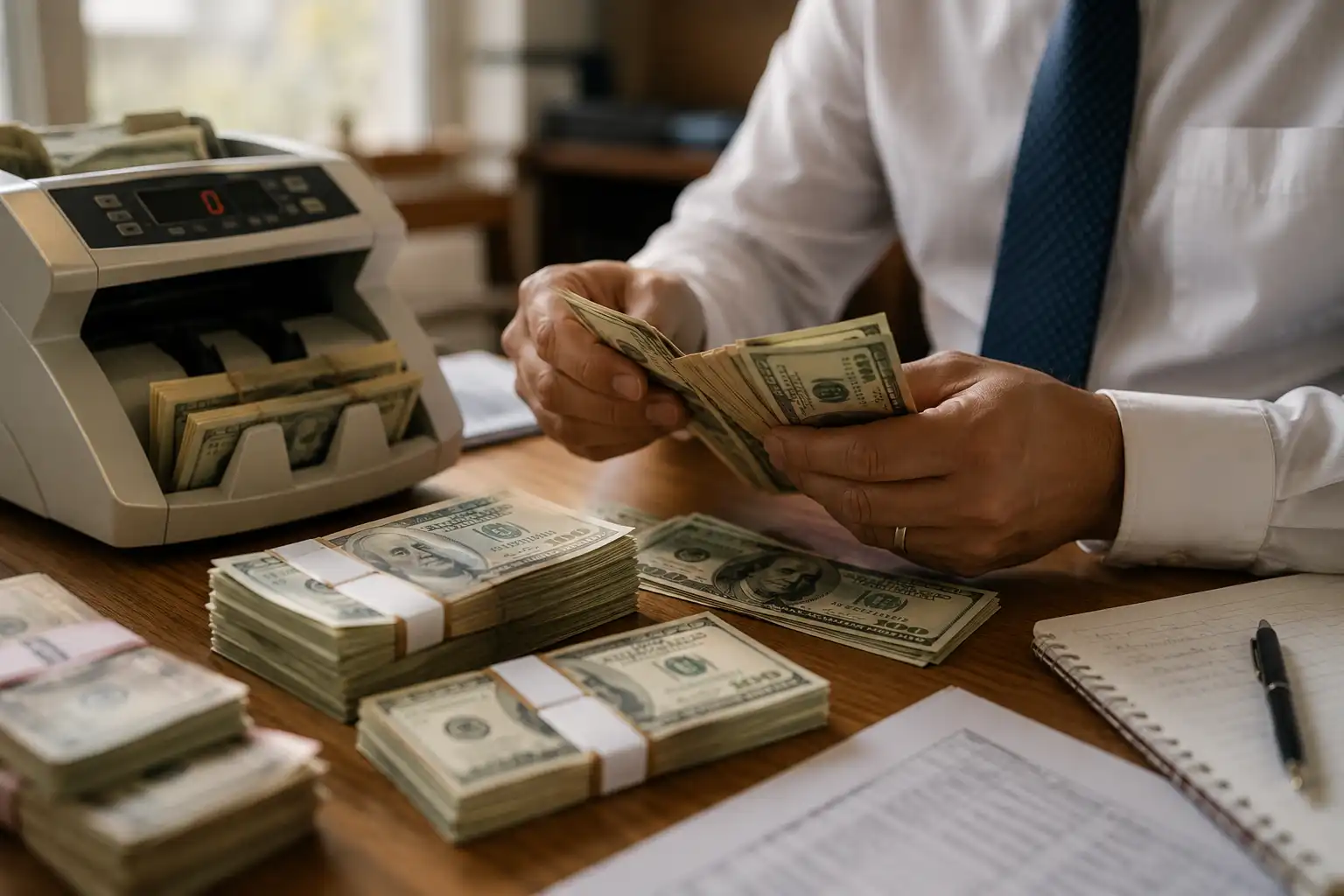 Persona contando billetes de dólar junto a máquina contadora para cambio de divisa en el peor momento
