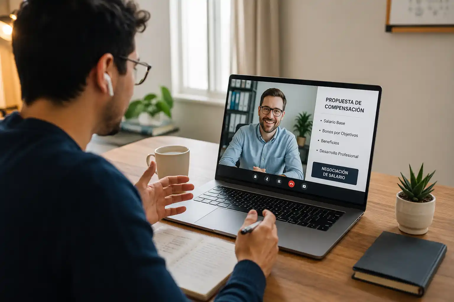 Persona en videollamada desde casa negociando salario con empresa extranjera en trabajo remoto
