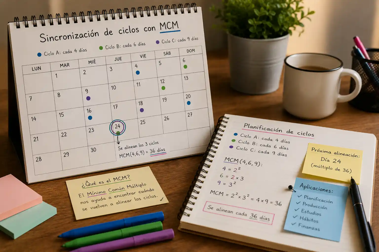 Calendario y notas de planificación representando la sincronización de ciclos con MCM
