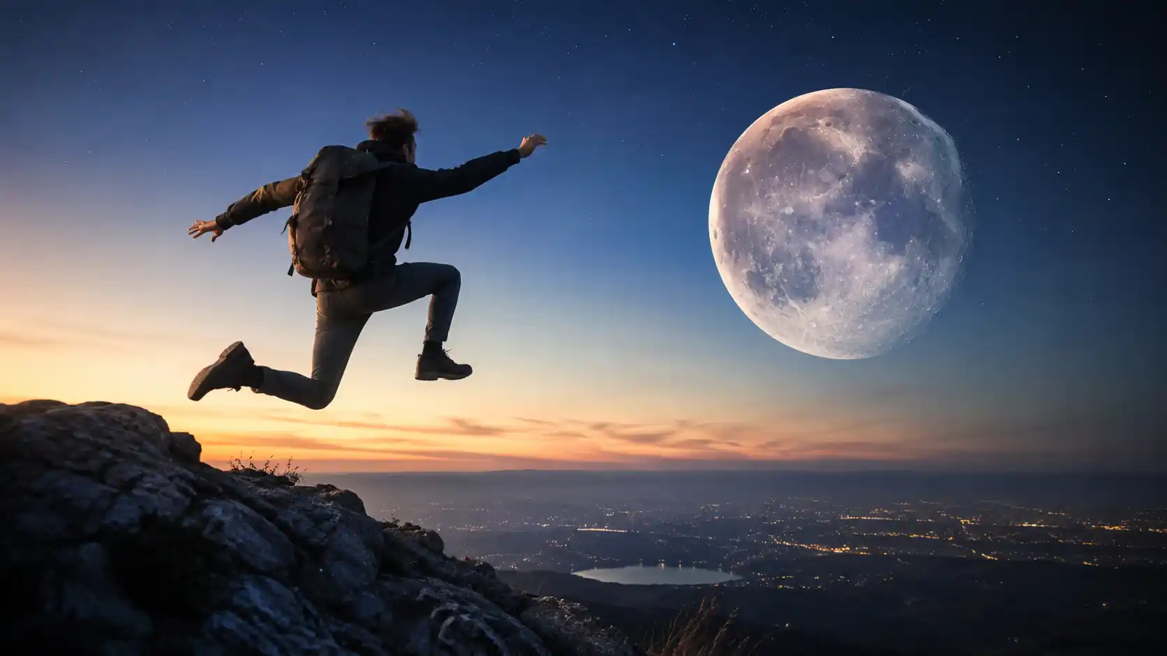 Hombre saltando desde roca al atardecer con luna llena gigante al fondo ilustrando diferencia de gravedad entre Luna y Tierra