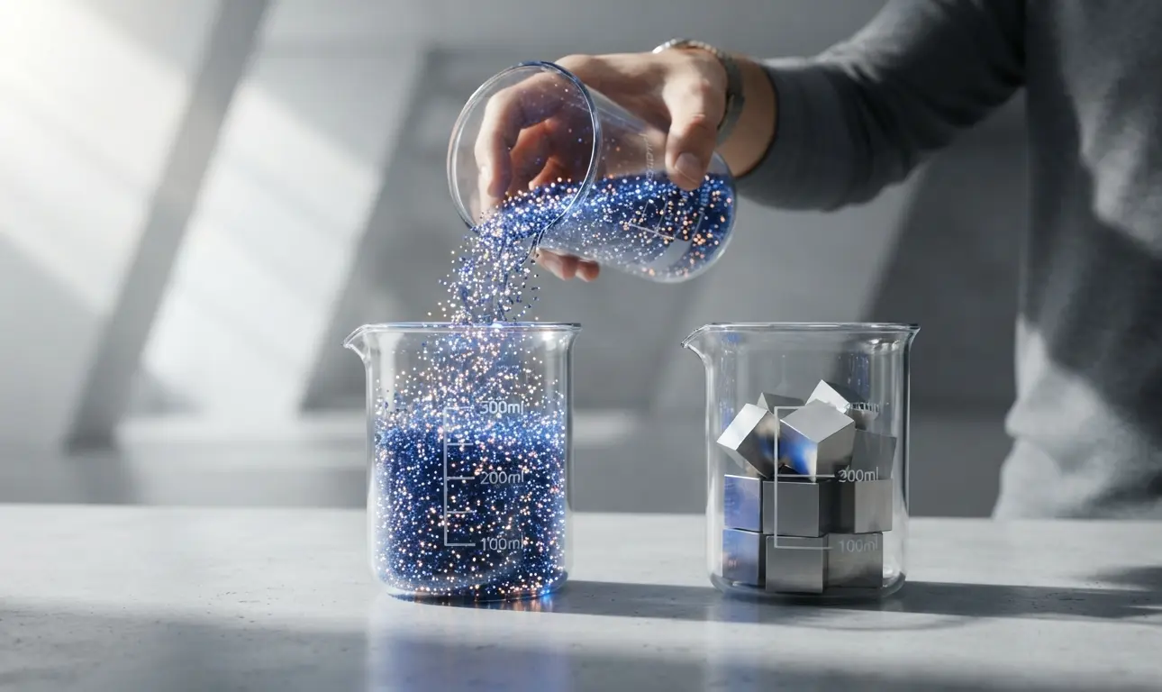 Dos vasos de laboratorio comparando partículas y cubos metálicos para ilustrar la diferencia entre bits y bytes que explotan las operadoras