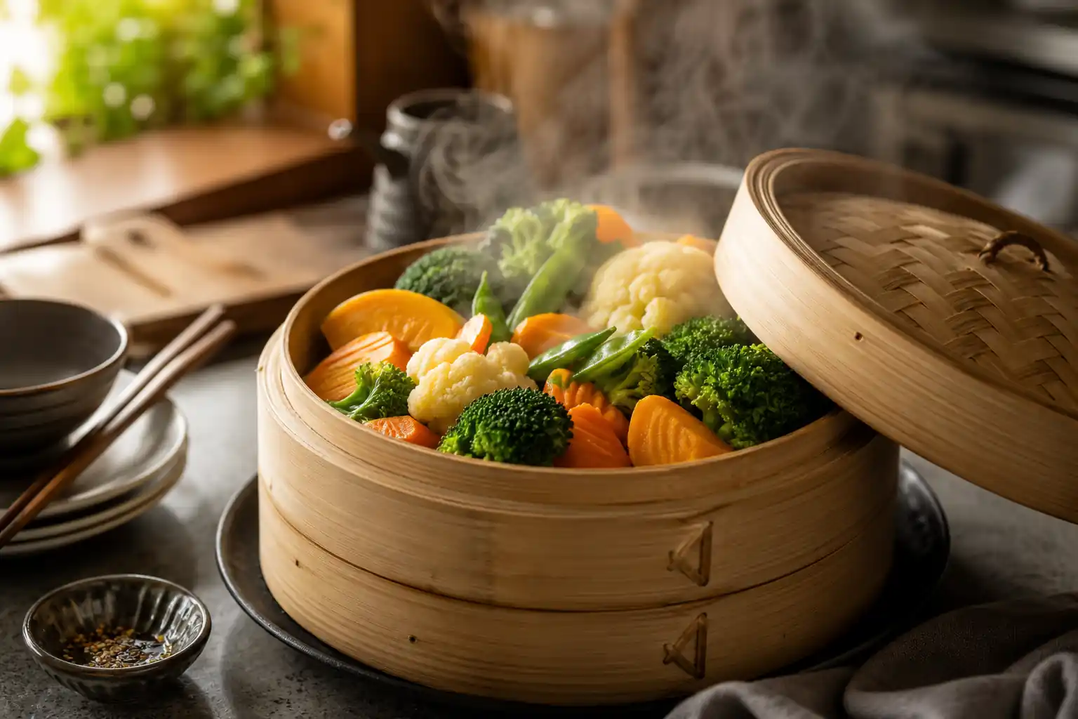 Verduras al vapor de brócoli zanahoria y coliflor en vaporera de bambú con vapor visible y palillos al fondo